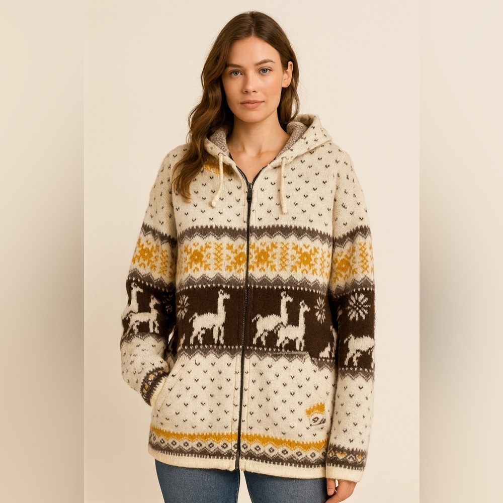 Andes Artesania Alpaca Wool Llama Sweater Hoodie M